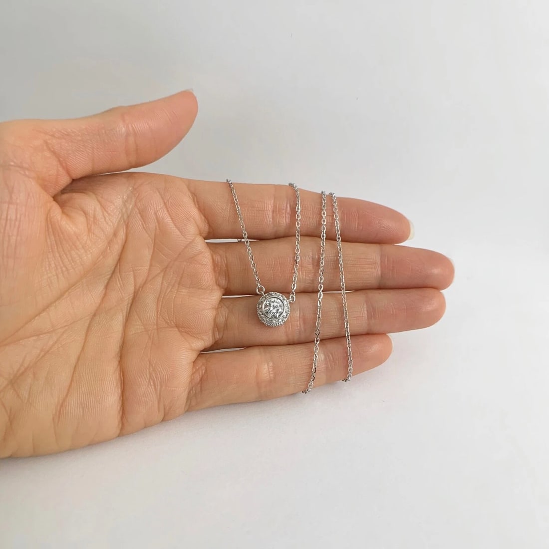 Italian Round Diamond Bezel Pave Halo Pendant Necklace 14K White Gold, 1.25 CTW - 3