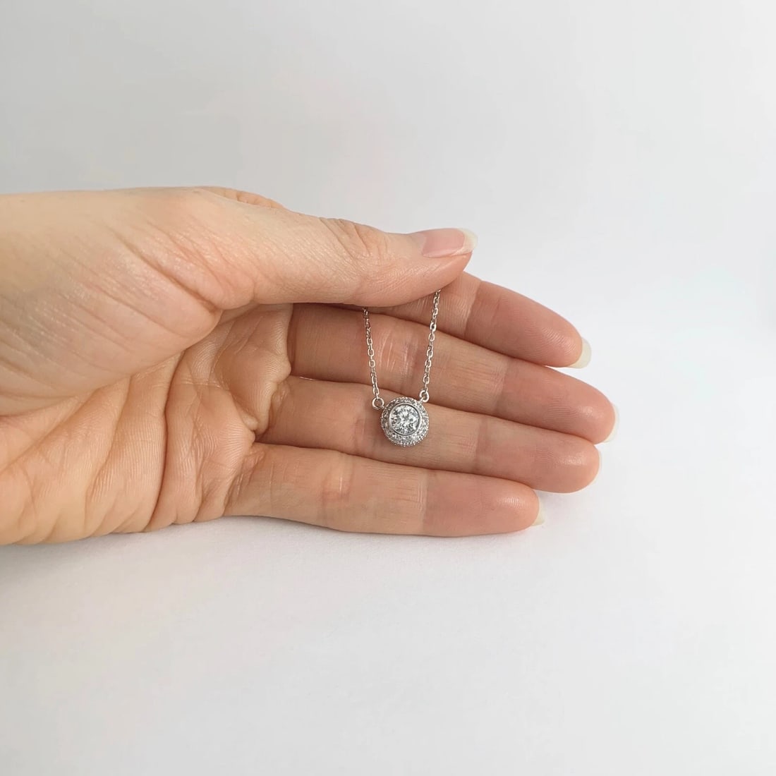 Italian Round Diamond Bezel Pave Halo Pendant Necklace 14K White Gold, 1.25 CTW - 4