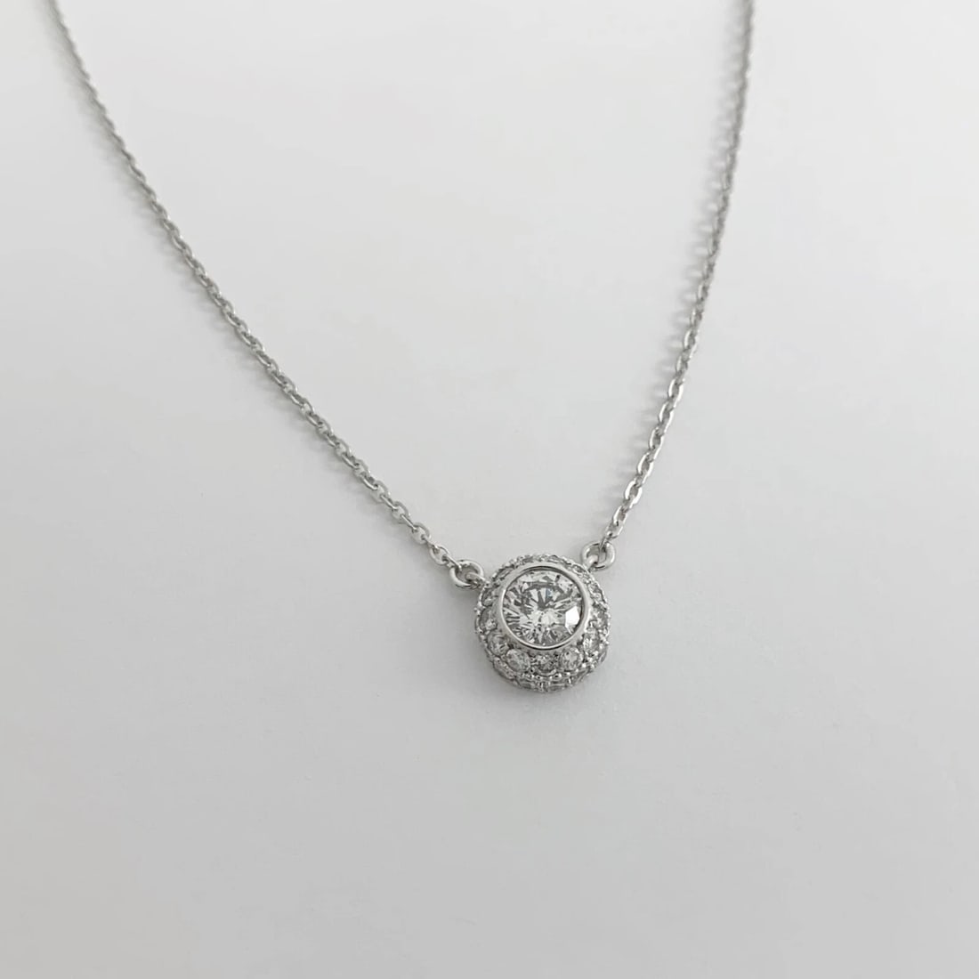 Italian Round Diamond Bezel Pave Halo Pendant Necklace 14K White Gold, 1.25 CTW - 7