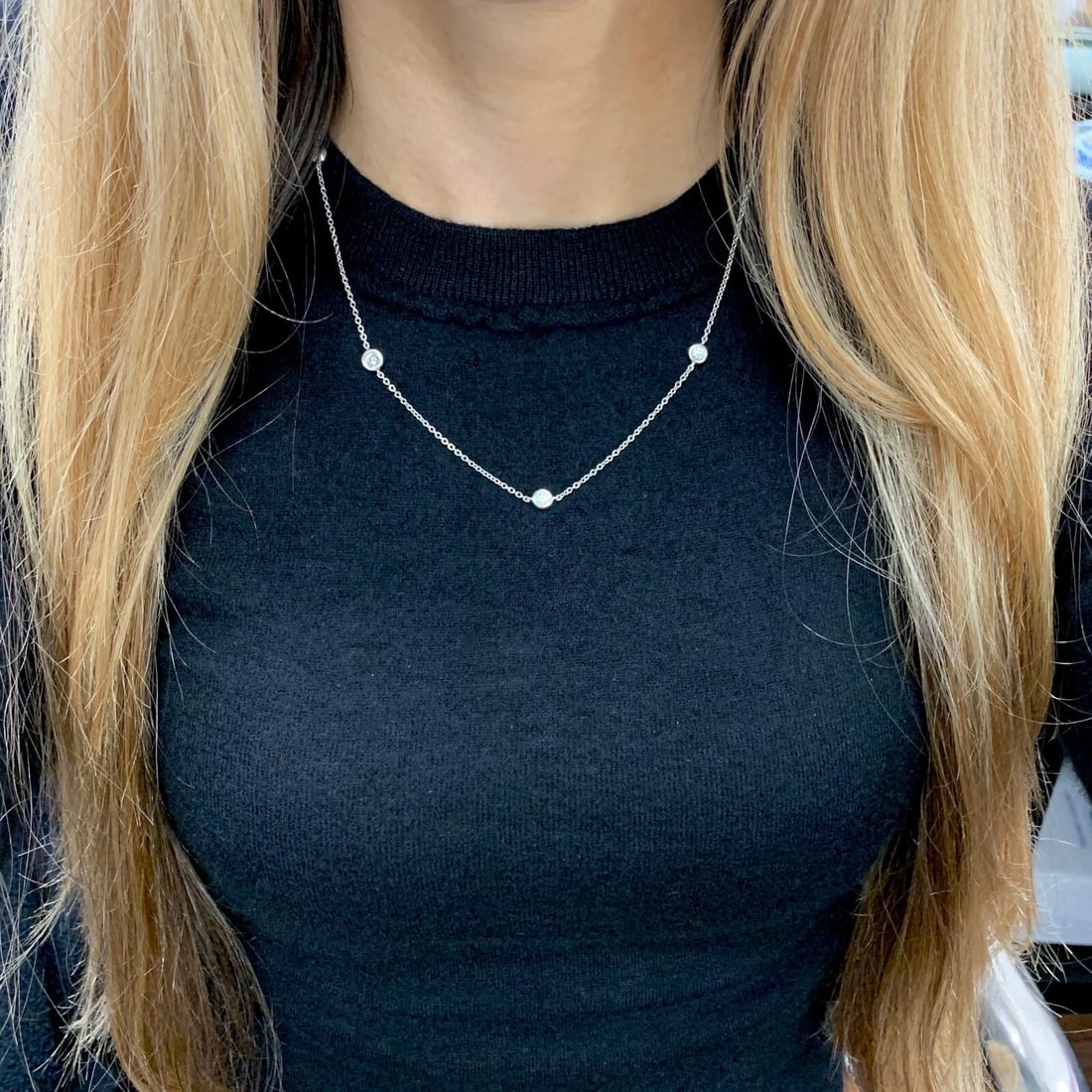 Round Diamond Bezel Station Necklace 14K White Gold 1.09 CTW, 17.5 Inches - 6