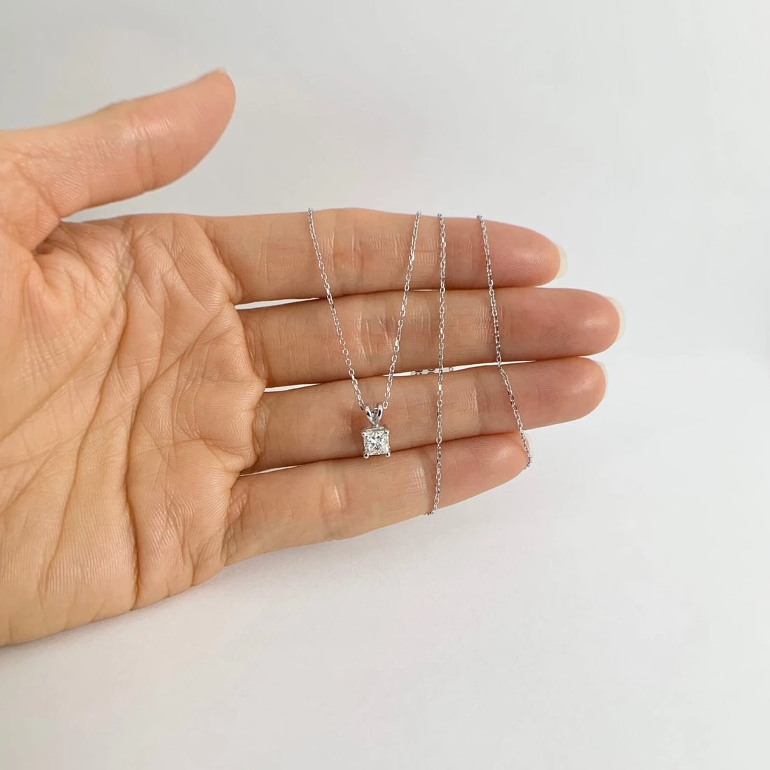 Princess Solitaire Diamond Pendant Necklace 14K White Gold, .50 CT, 16 Inches - 3