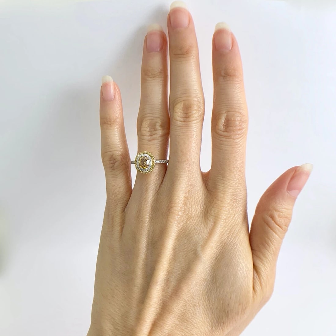 Fancy Yellow Cushion Diamond Double Oval Halo Ring 18K White Gold 1.10 CTW - 4