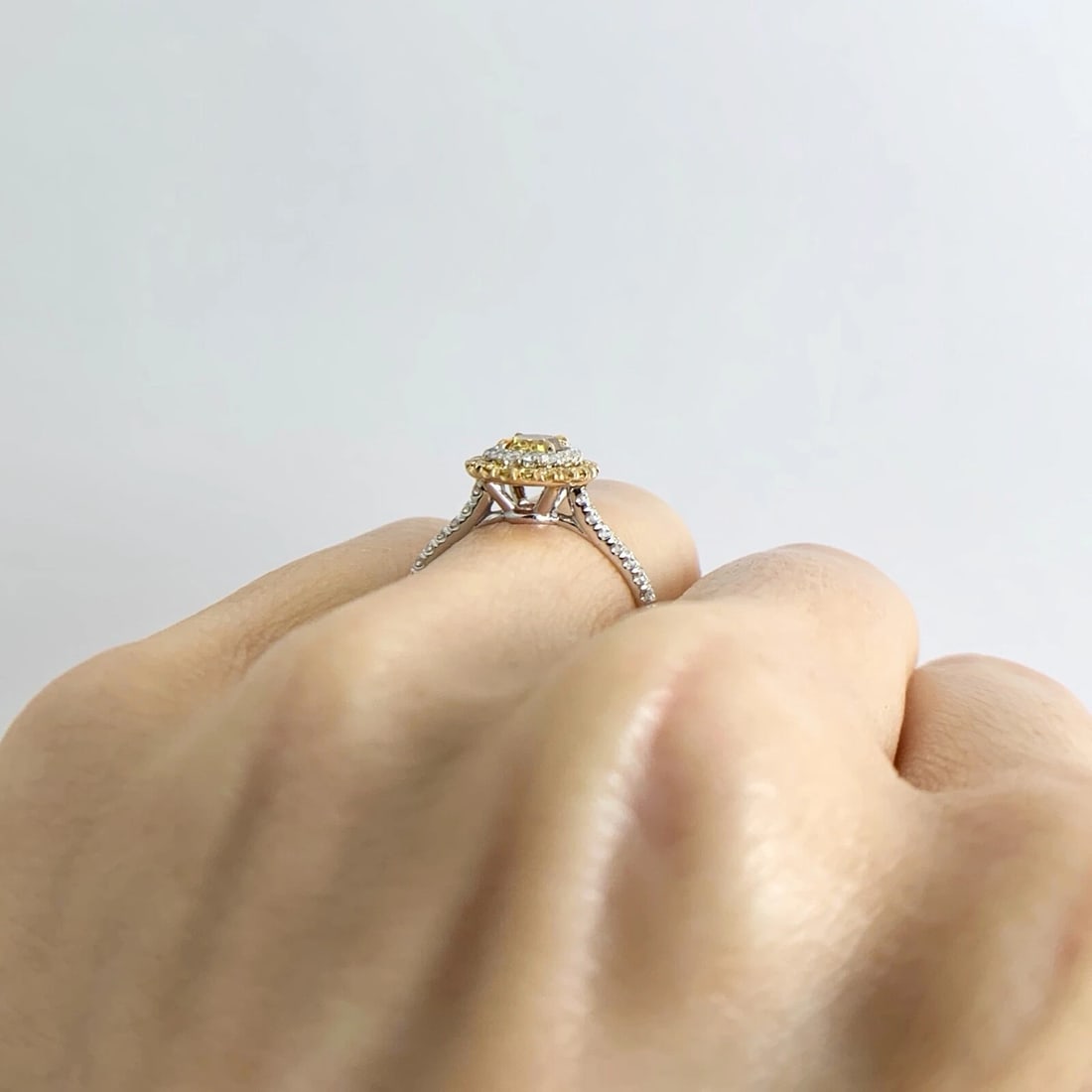 Fancy Yellow Cushion Diamond Double Oval Halo Ring 18K White Gold 1.10 CTW - 7