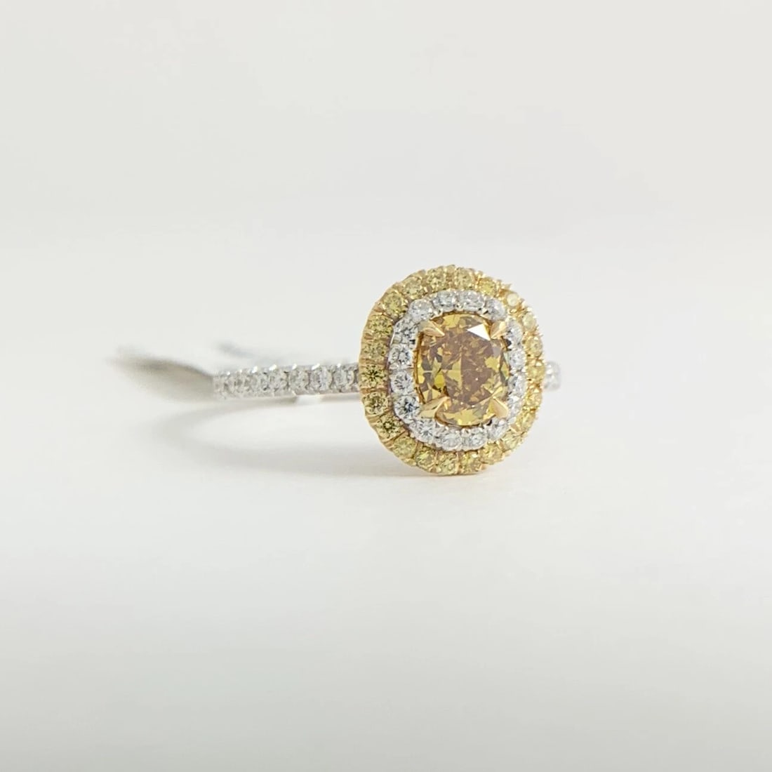 Fancy Yellow Cushion Diamond Double Oval Halo Ring 18K White Gold 1.10 CTW - 9