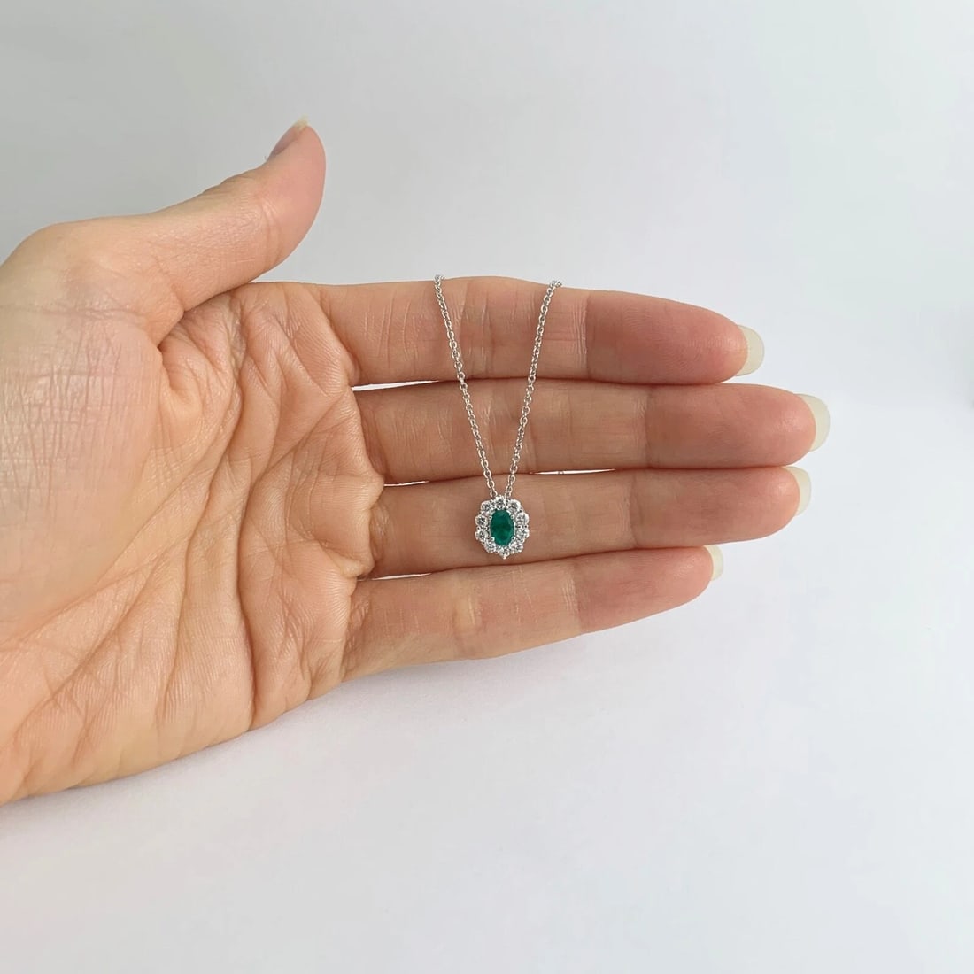 Oval Green Emerald Diamond Halo Gemstone Pendant Necklace 14K White Gold .90 CTW - 4