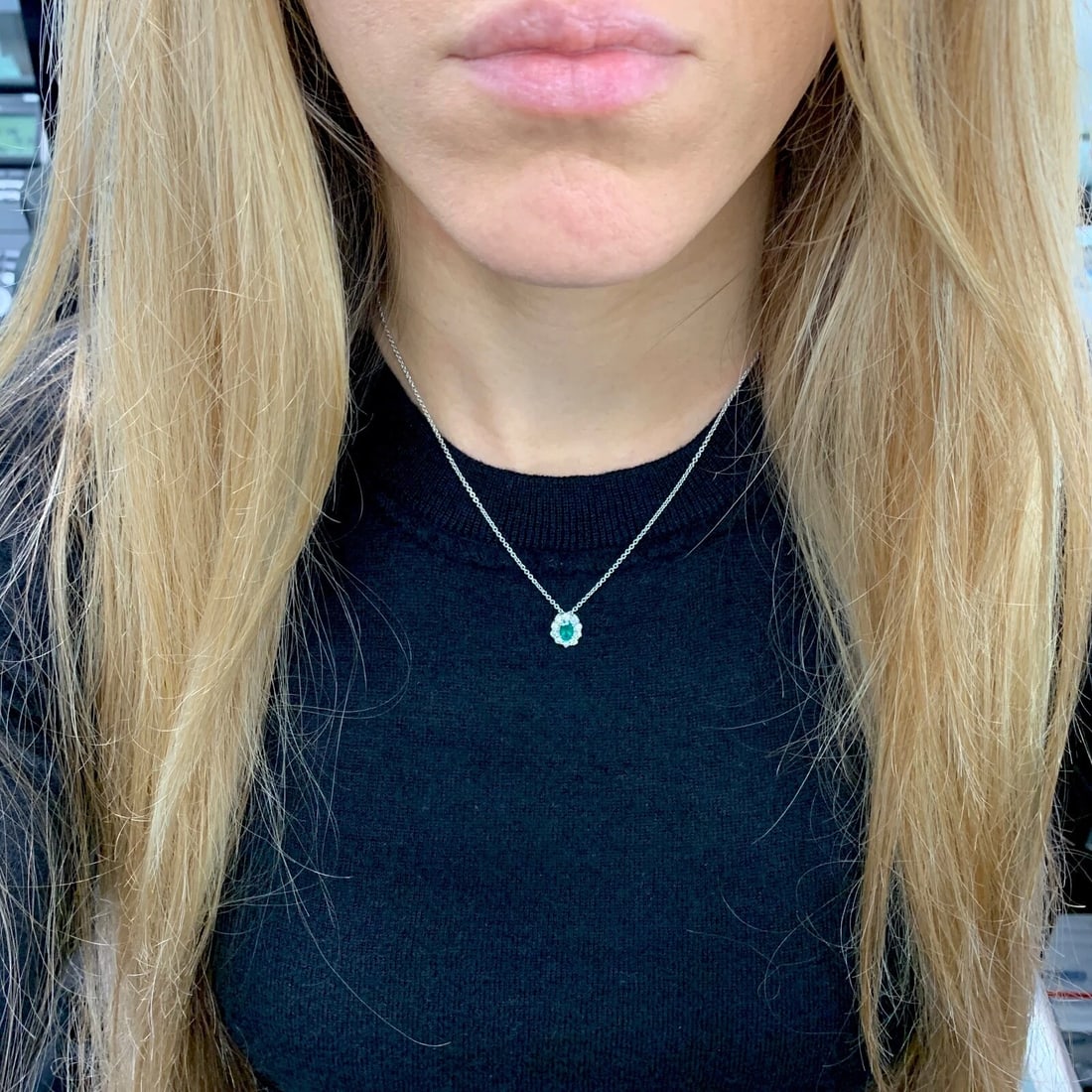 Oval Green Emerald Diamond Halo Gemstone Pendant Necklace 14K White Gold .90 CTW - 5