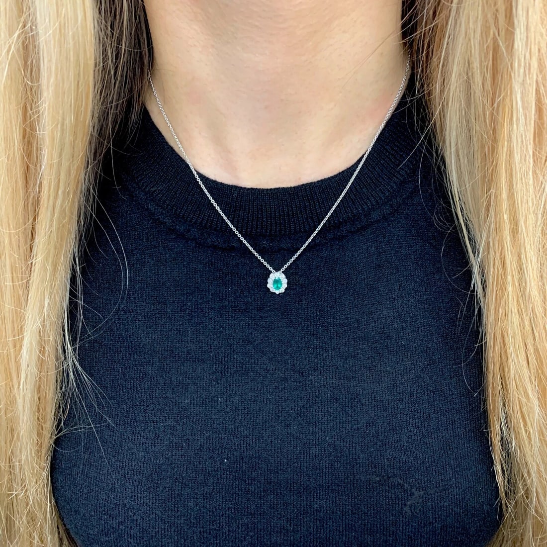 Oval Green Emerald Diamond Halo Gemstone Pendant Necklace 14K White Gold .90 CTW - 6