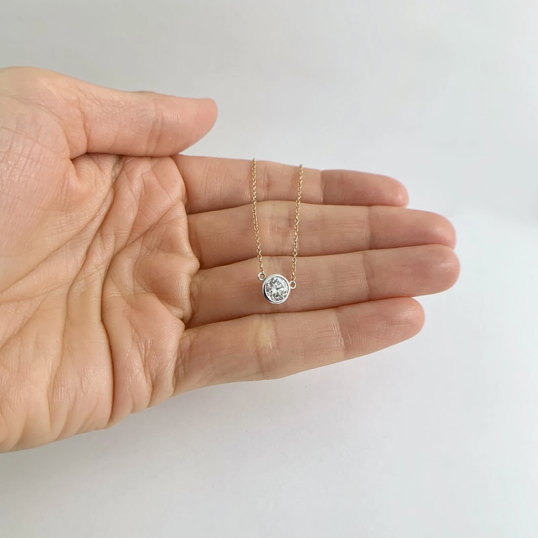 Round Solitaire Diamond Two-Tone Bezel Pendant Necklace 14K Yellow Gold, .60 CT - 3
