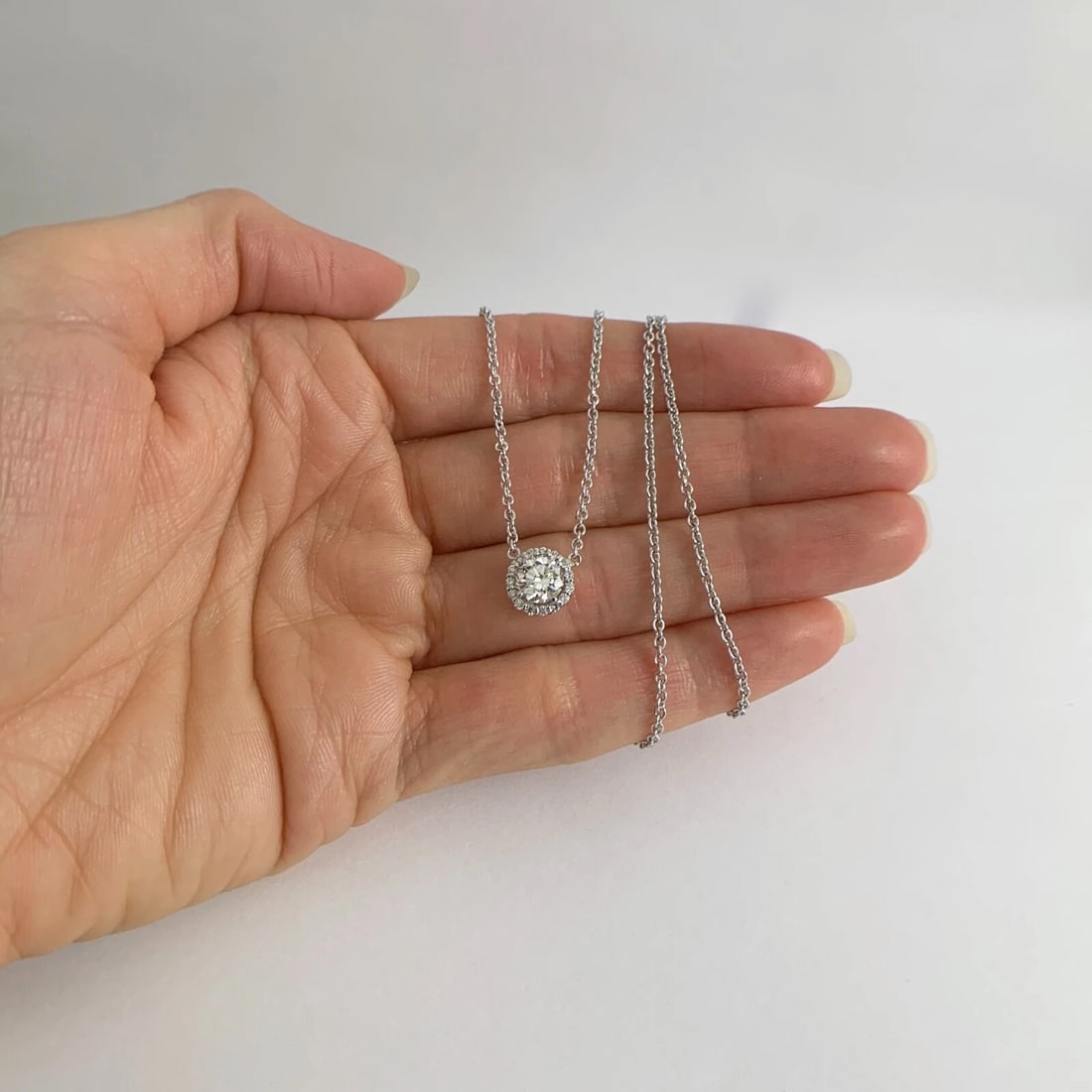 Round Halo Diamond Pendant Necklace 14K White Gold, 16 Inches, .87 CTW, 3.84 Gr - 3