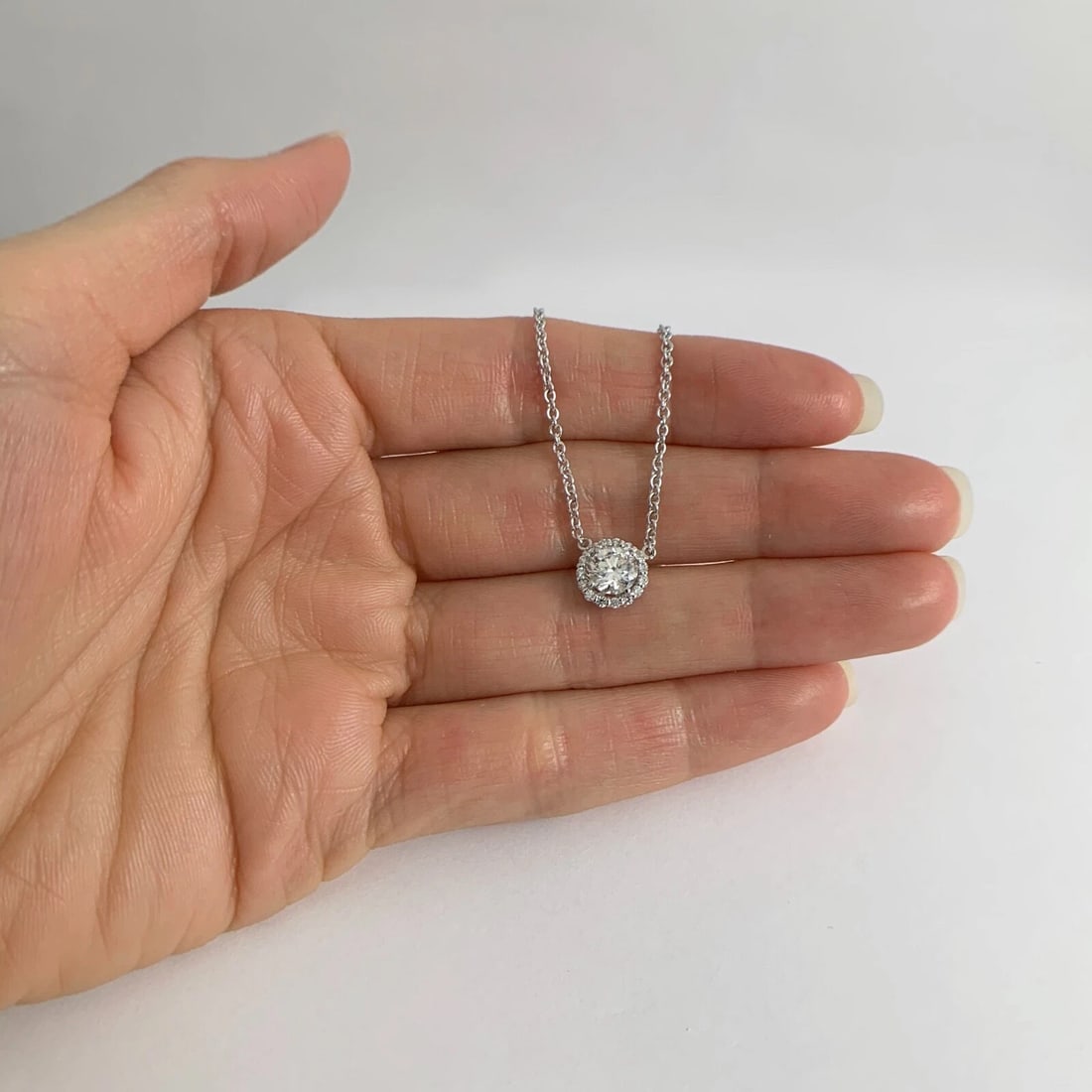 Round Halo Diamond Pendant Necklace 14K White Gold, 16 Inches, .87 CTW, 3.84 Gr - 4