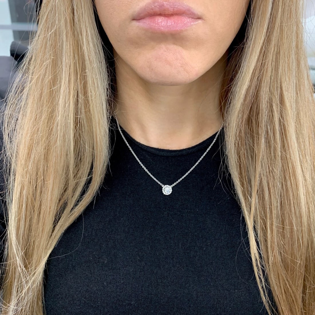 Round Halo Diamond Pendant Necklace 14K White Gold, 16 Inches, .87 CTW, 3.84 Gr - 5