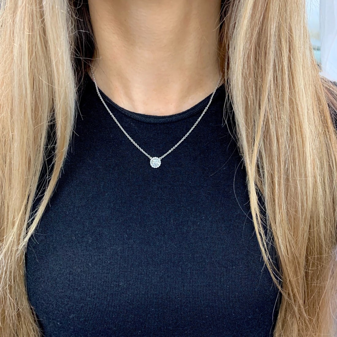 Round Halo Diamond Pendant Necklace 14K White Gold, 16 Inches, .87 CTW, 3.84 Gr - 6