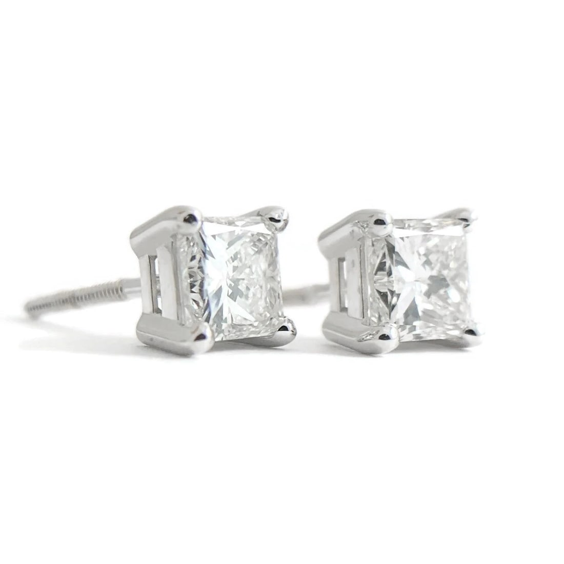 Princess Cut Diamond Stud Earrings 14K White Gold Basket Screw Backs, 1.22 CTW - 2