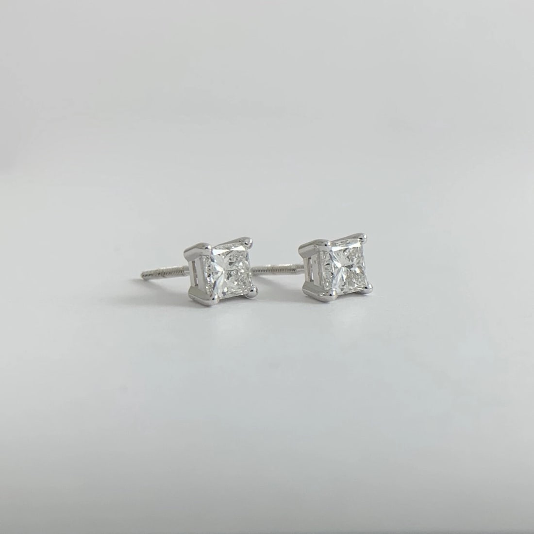 Princess Cut Diamond Stud Earrings 14K White Gold Basket Screw Backs, 1.22 CTW - 6