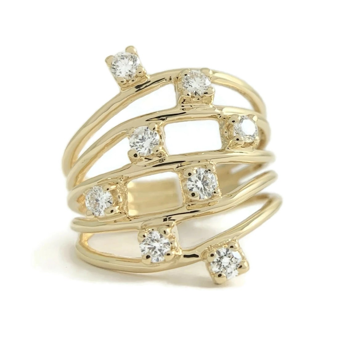 Wide Speckled Diamond Multi-Band Statement Ring 14K Yellow Gold, 5.71 Grams - 2