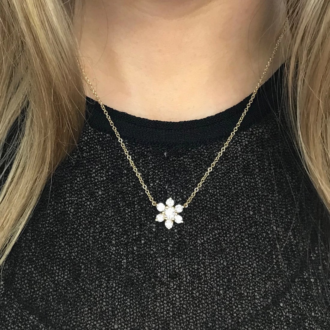 Round Diamond Flower Cluster Pendant Necklace 14K Yellow Gold, 1.40 CTW - 6