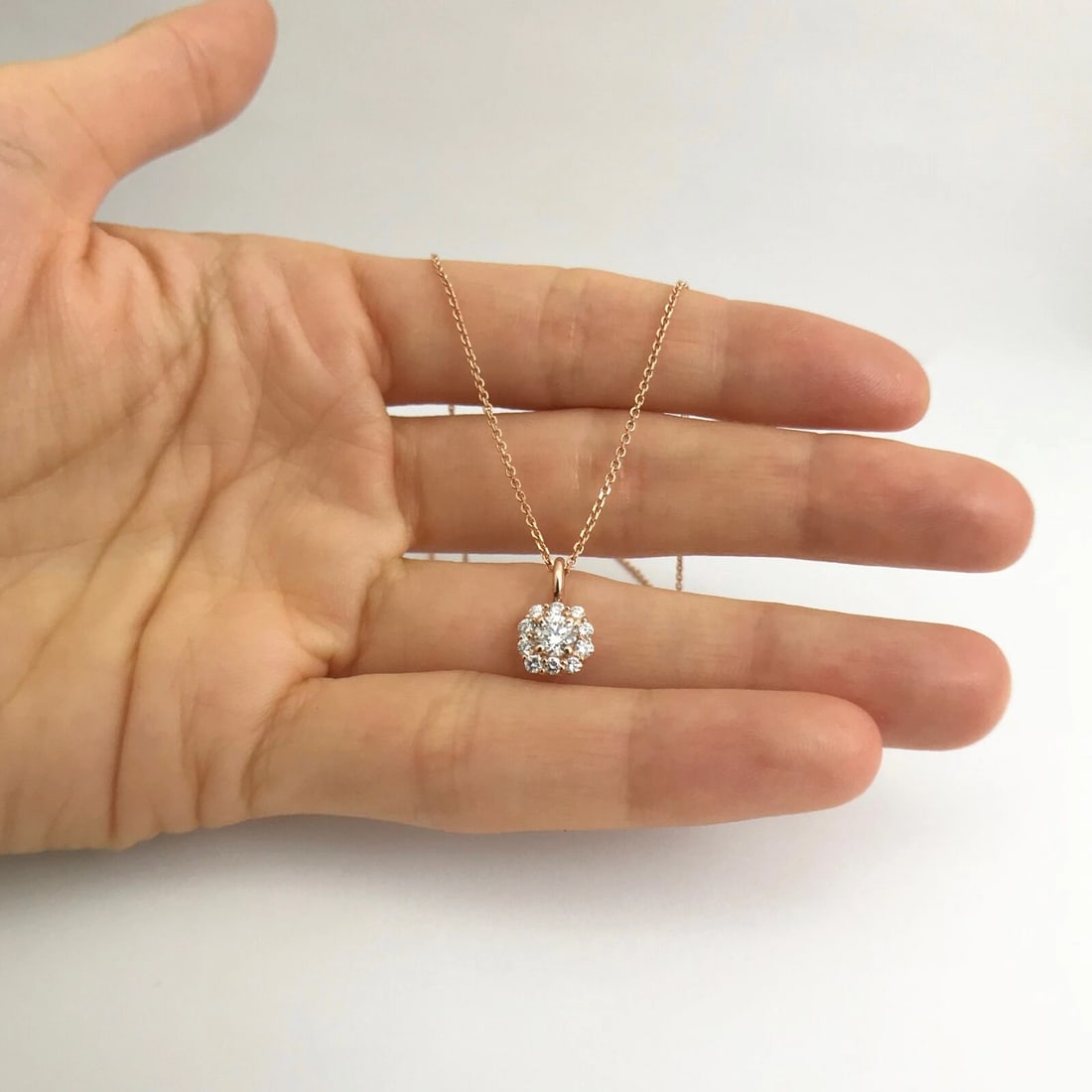 Round Diamond Halo Pendant Necklace 14K Pink Rose Gold, .44 CTW - 4