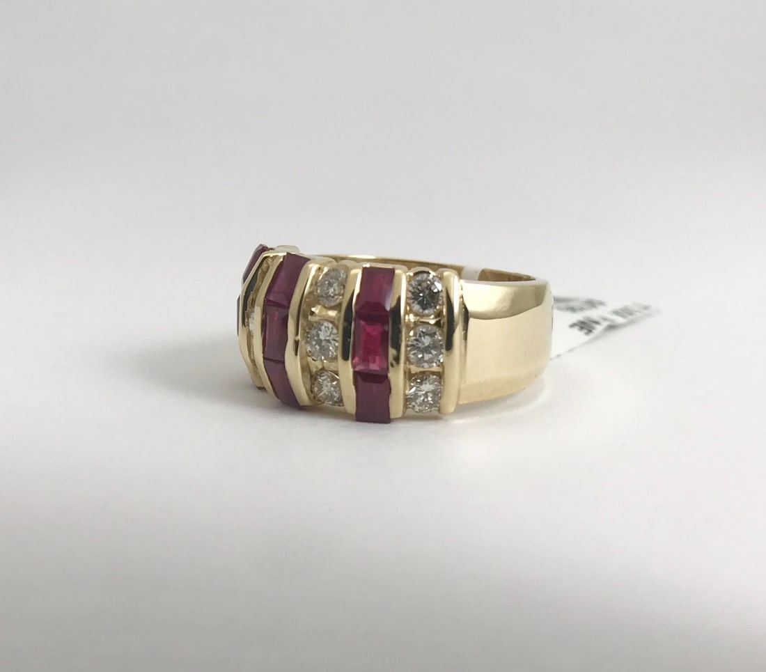 Wide Baguette Ruby Diamond Cocktail Ring 14K Yellow Gold, 1.30 CTW, 7.87 Grams - 12