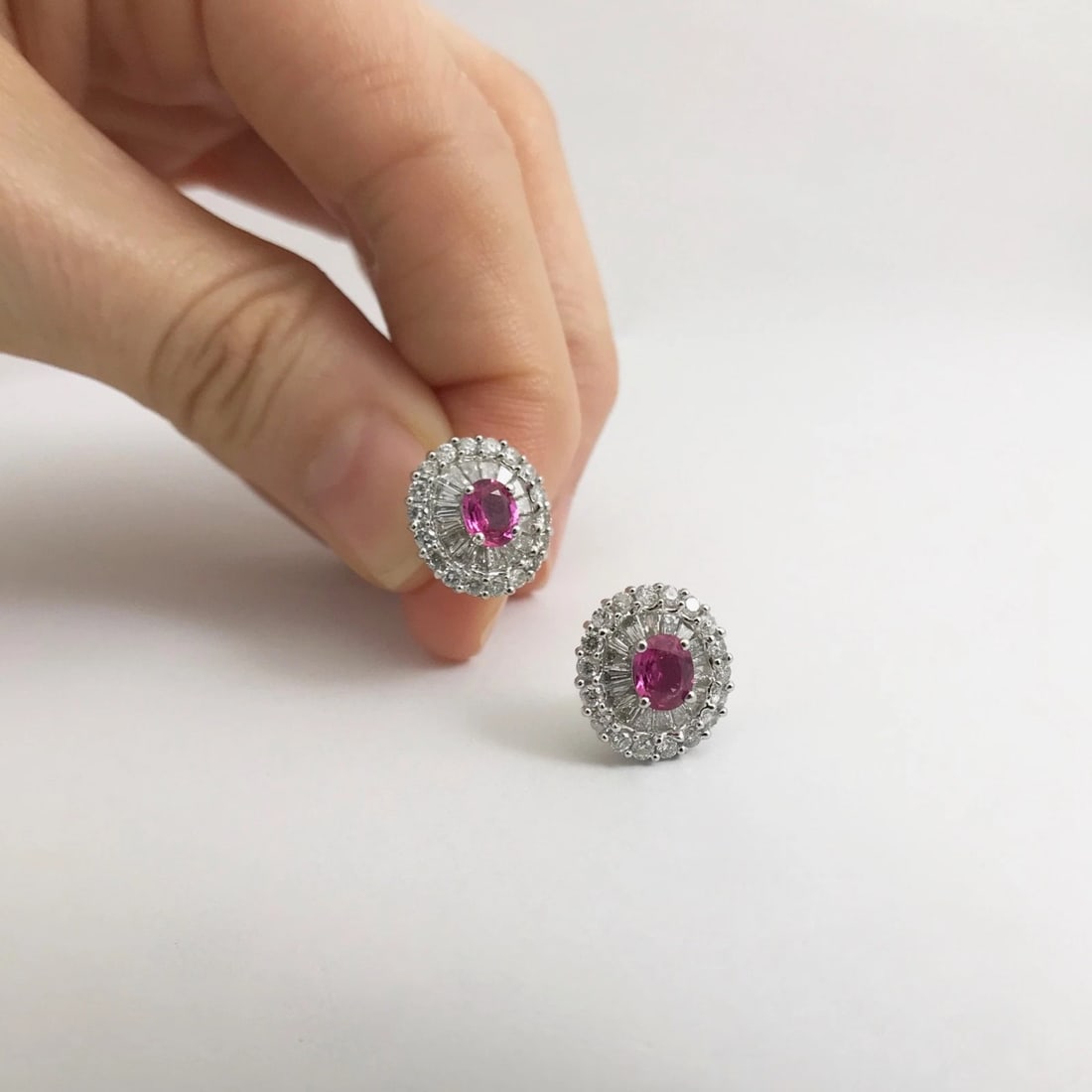 Pink Sapphire Diamond Halo Stud Earrings in 18K White Gold, 2.65 CTW, 4.01 Grams - 5