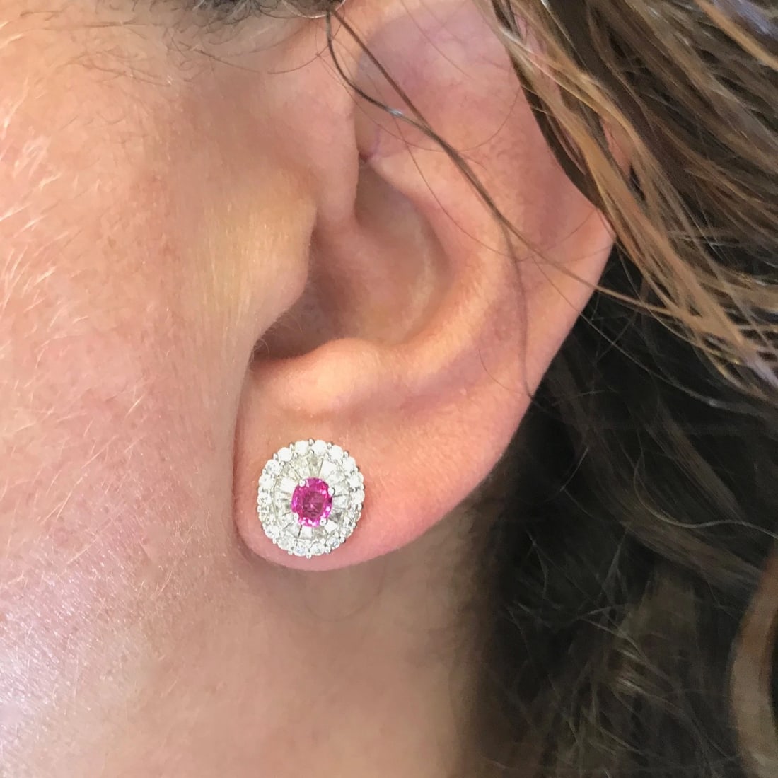 Pink Sapphire Diamond Halo Stud Earrings in 18K White Gold, 2.65 CTW, 4.01 Grams - 7