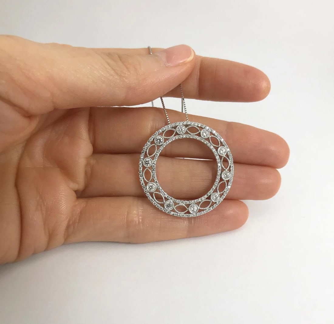 Italian Diamond Open Circle Filigree Pendant Necklace 18K White Gold, 1.14 CTW - 3