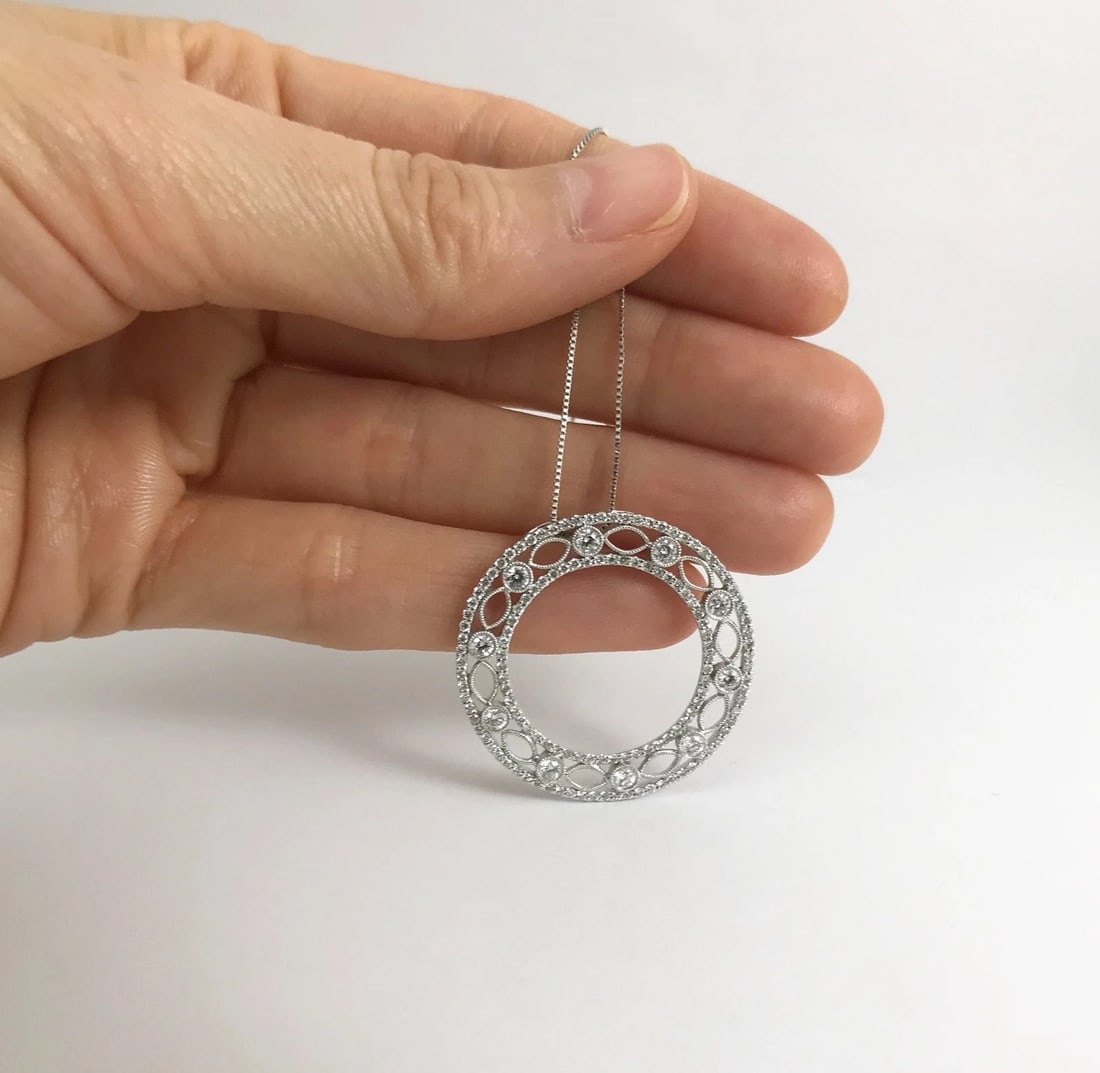 Italian Diamond Open Circle Filigree Pendant Necklace 18K White Gold, 1.14 CTW - 4