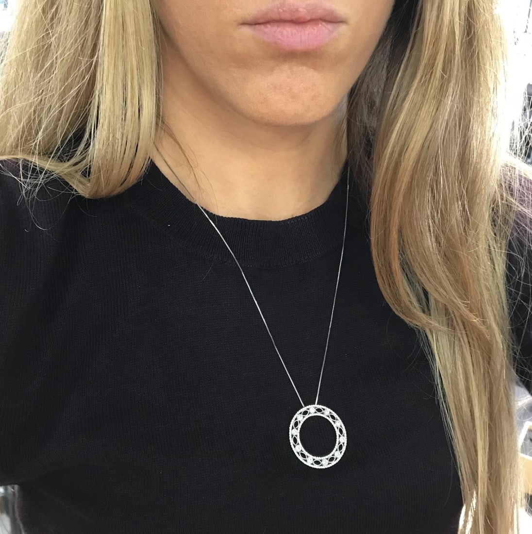 Italian Diamond Open Circle Filigree Pendant Necklace 18K White Gold, 1.14 CTW - 6