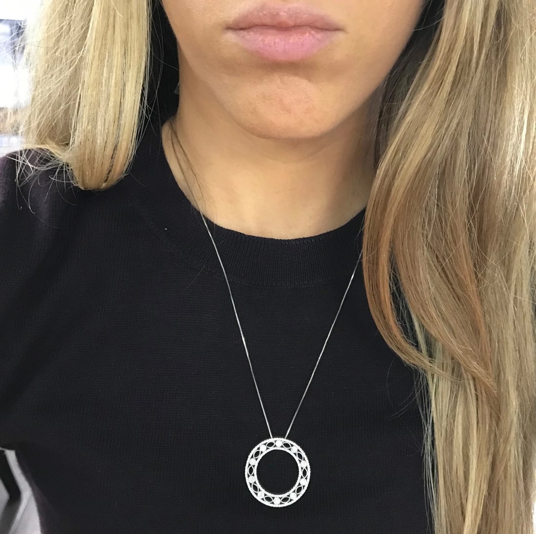 Italian Diamond Open Circle Filigree Pendant Necklace 18K White Gold, 1.14 CTW - 7