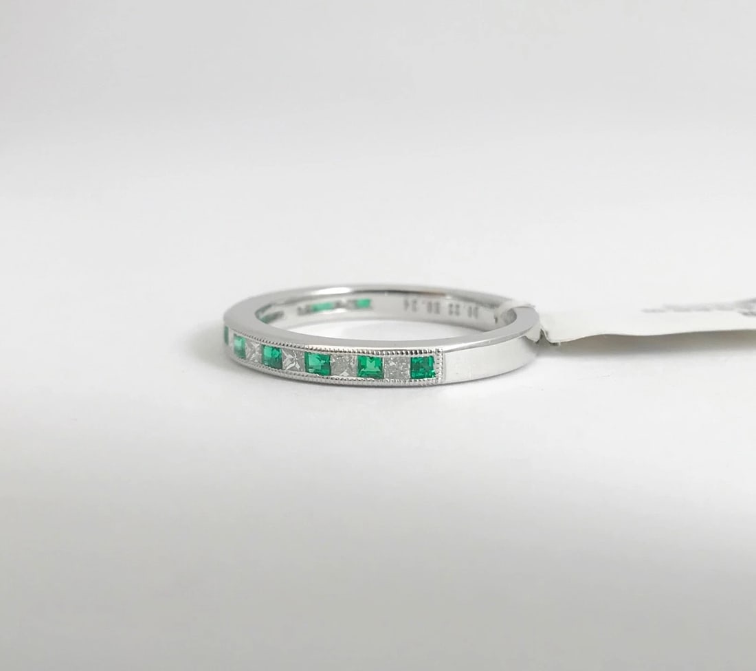 Emerald and Diamond Princess Half Eternity Band Ring in 18K White Gold, .46 CTW - 11
