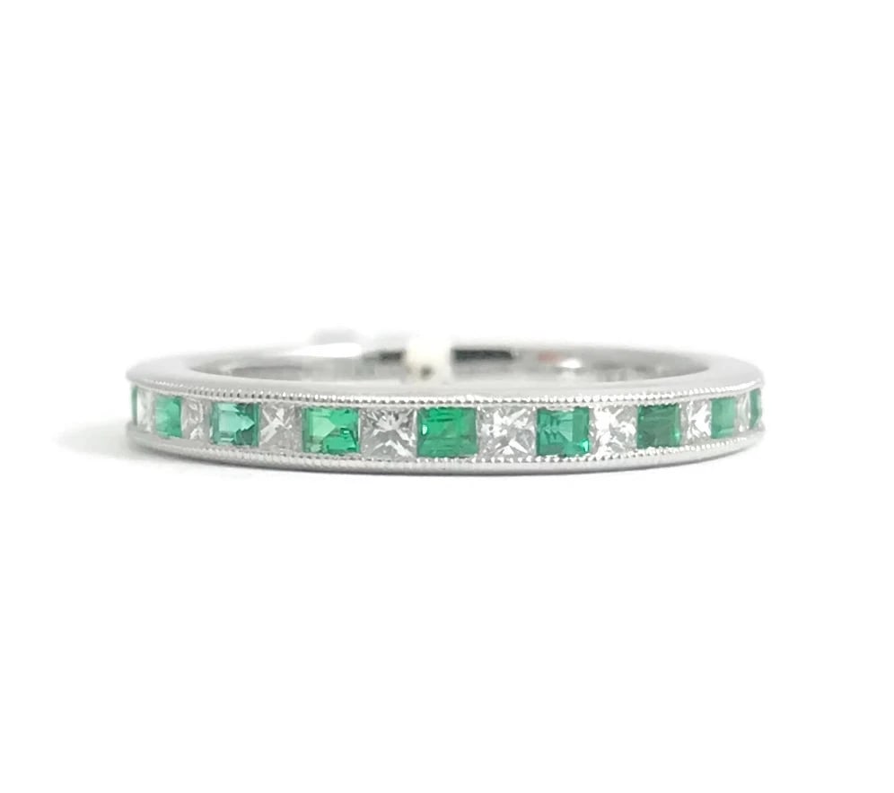 Emerald and Diamond Princess Half Eternity Band Ring in 18K White Gold, .46 CTW - 2