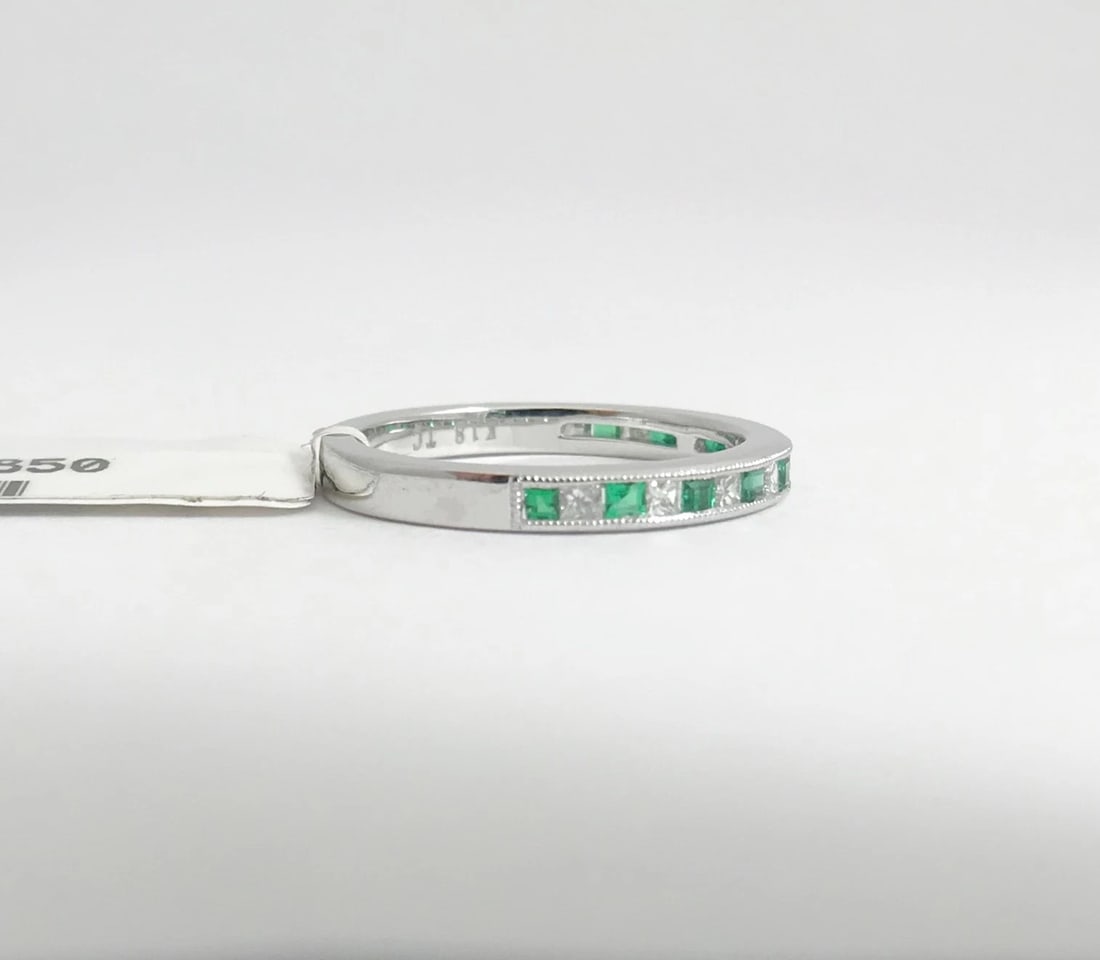 Emerald and Diamond Princess Half Eternity Band Ring in 18K White Gold, .46 CTW - 8