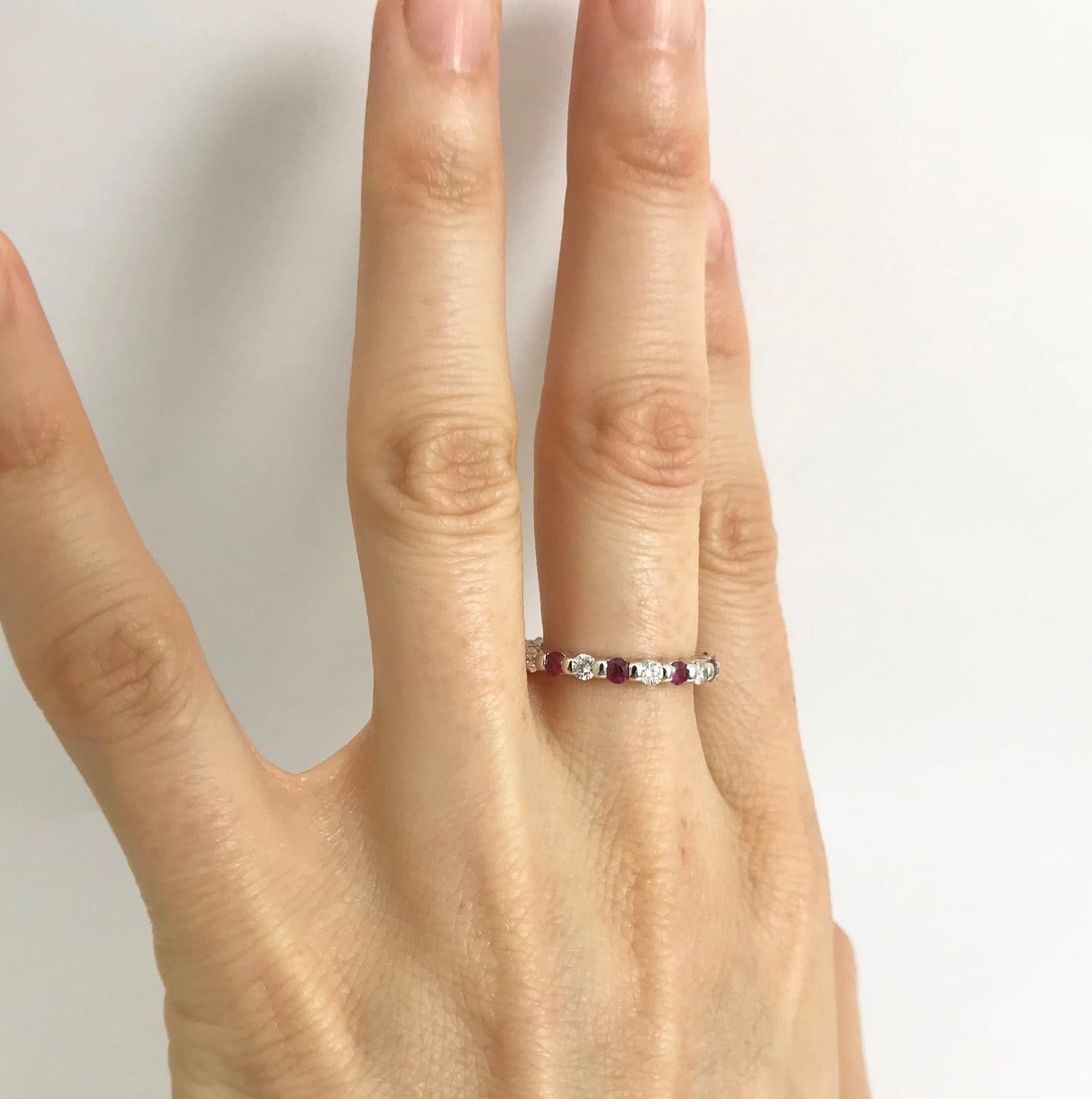 Ruby Diamond Bead Set Eternity Band Ring 14K White Gold, 1.10 CTW, Size 5 - 5