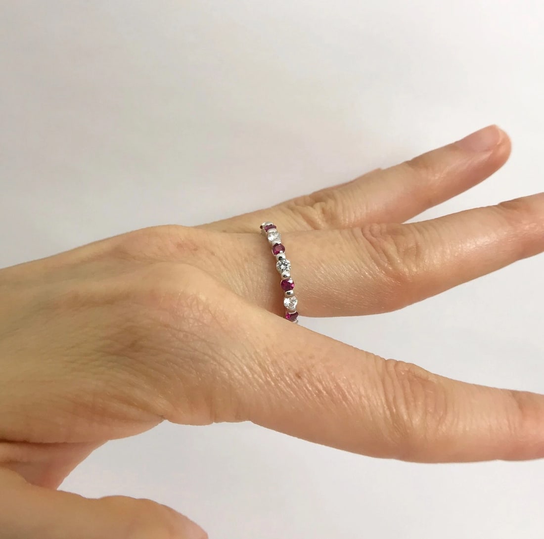 Ruby Diamond Bead Set Eternity Band Ring 14K White Gold, 1.10 CTW, Size 5 - 6