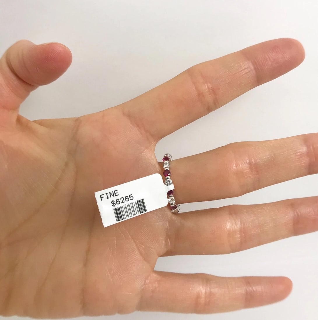 Ruby Diamond Bead Set Eternity Band Ring 14K White Gold, 1.10 CTW, Size 5 - 7