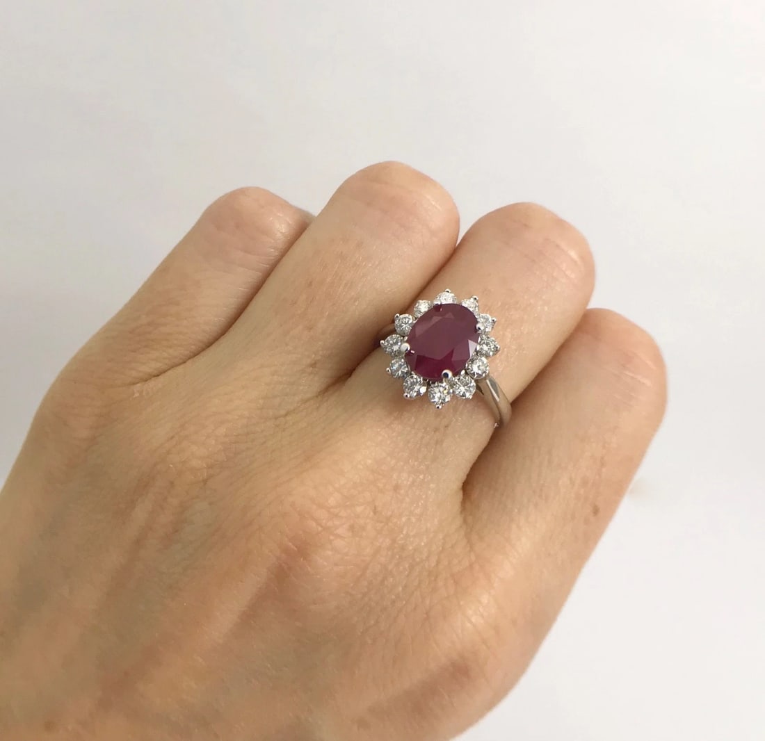 Oval Ruby Diamond Halo Cocktail Statement Ring 18K White Gold, 2.75 CTW - 4