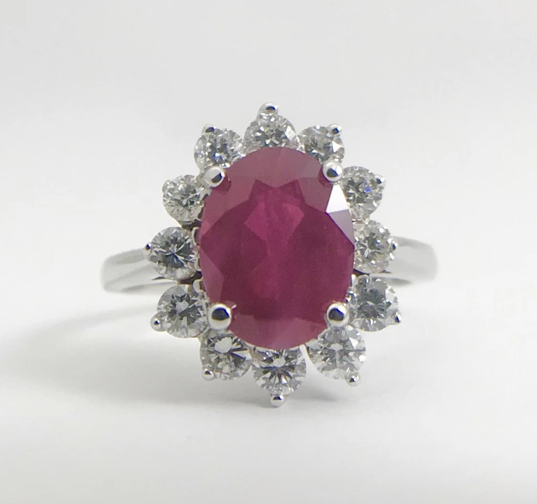 Oval Ruby Diamond Halo Cocktail Statement Ring 18K White Gold, 2.75 CTW - 9