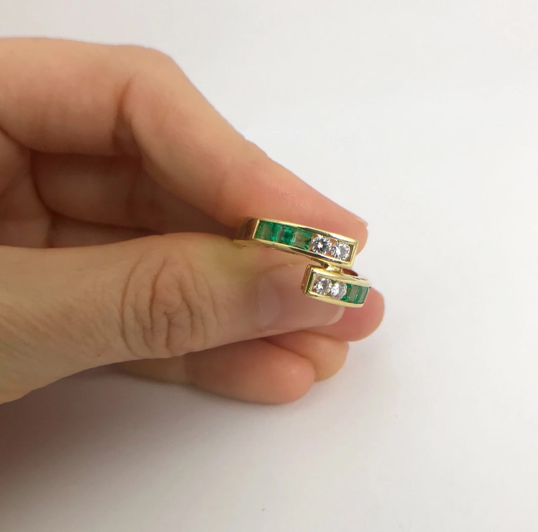 Green Emerald Diamond Channel-Set Wrap Bypass Band Ring 18K Yellow Gold, 1.18 TW - 7