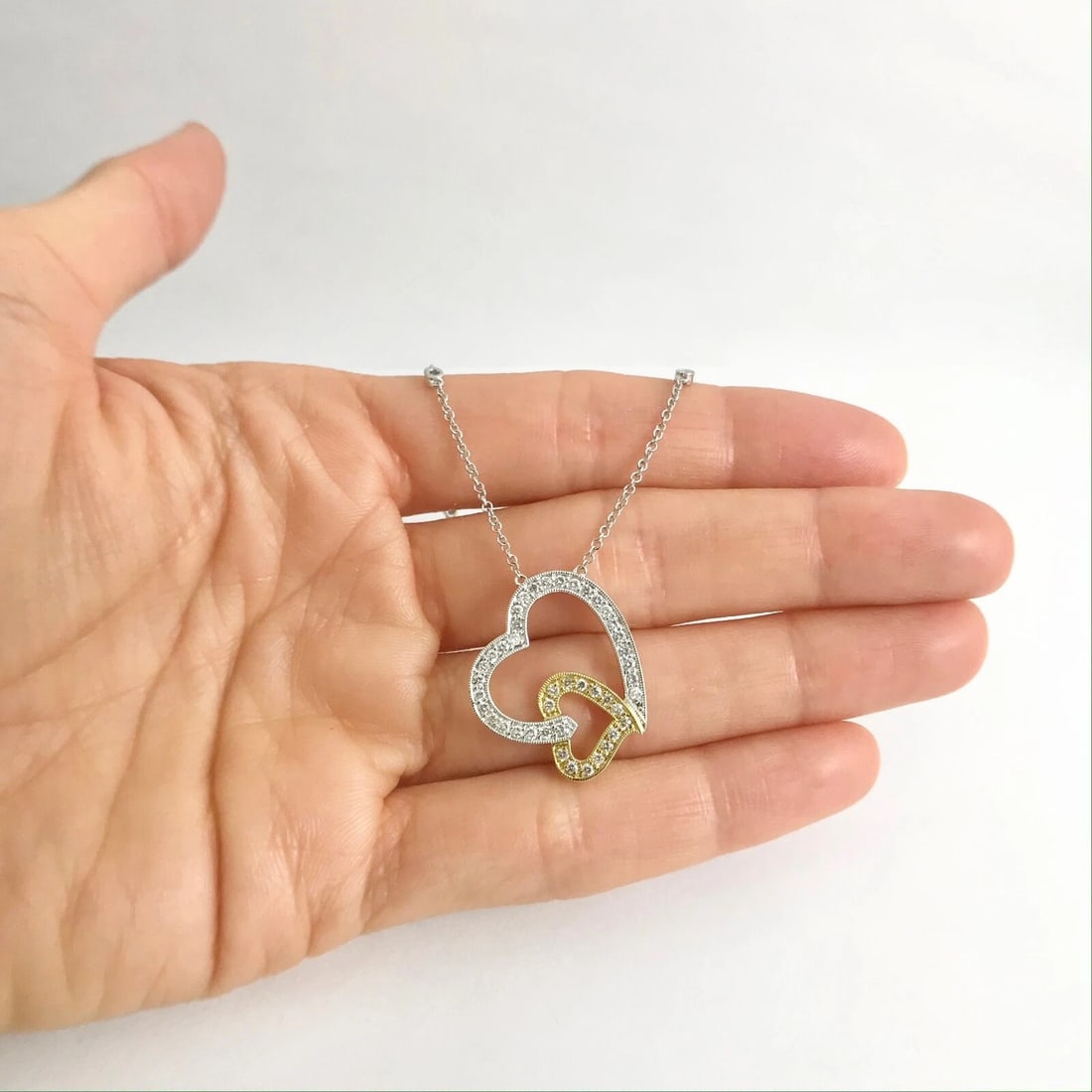Diamond Double Open Heart Two-Tone Pendant Necklace 18K White Yellow Gold .55 TW - 4