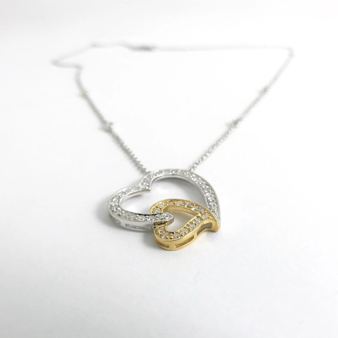 Diamond Double Open Heart Two-Tone Pendant Necklace 18K White Yellow Gold .55 TW - 7