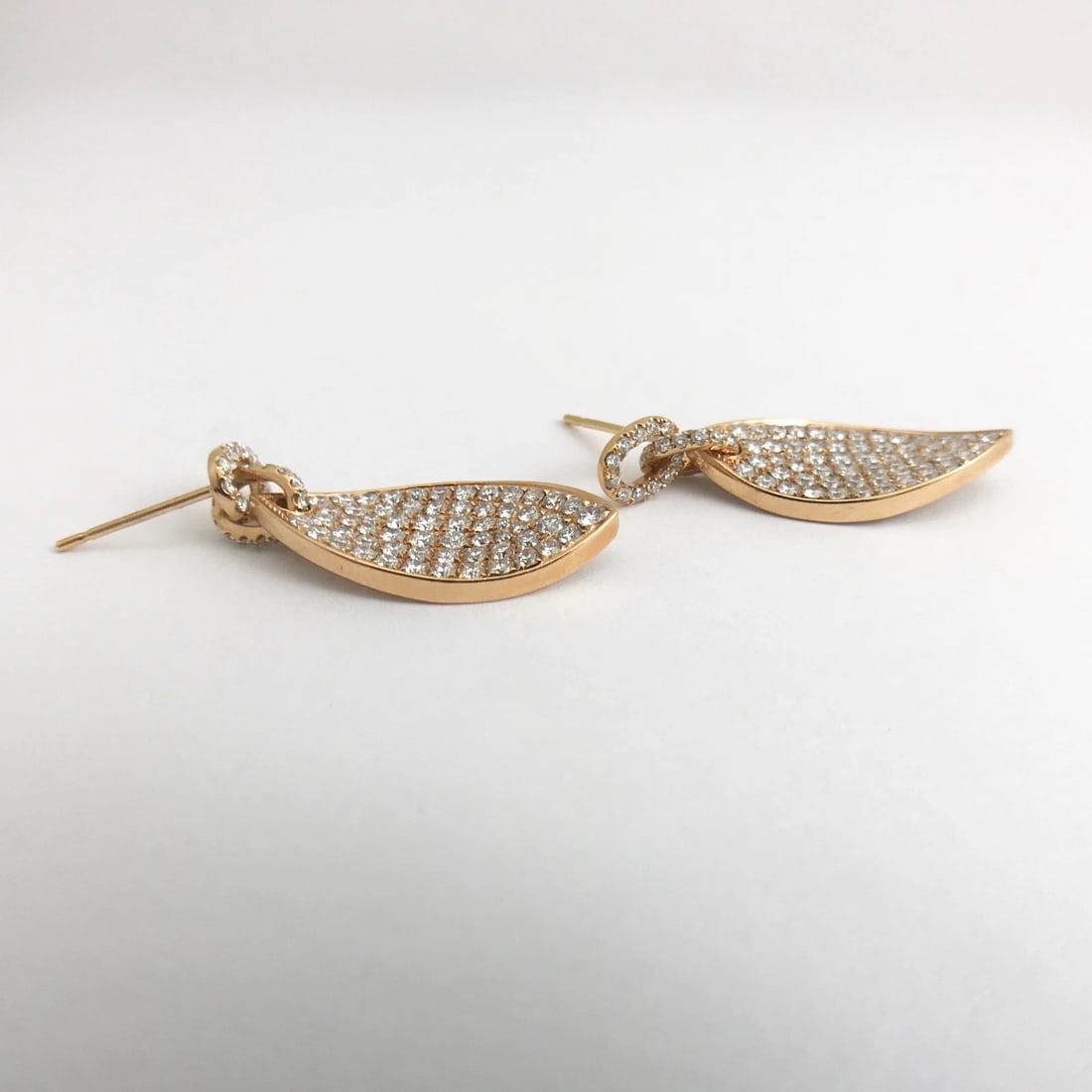 Pave Diamond Leaf Hanging Dangle Drop Earrings 18K Pink Rose Gold, 2.26 CTW - 12