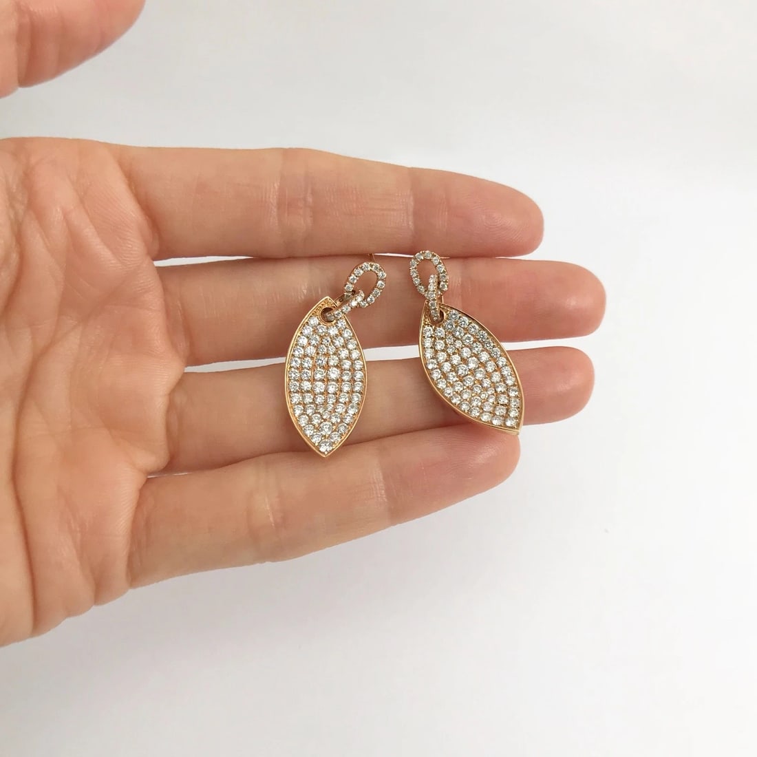 Pave Diamond Leaf Hanging Dangle Drop Earrings 18K Pink Rose Gold, 2.26 CTW - 6