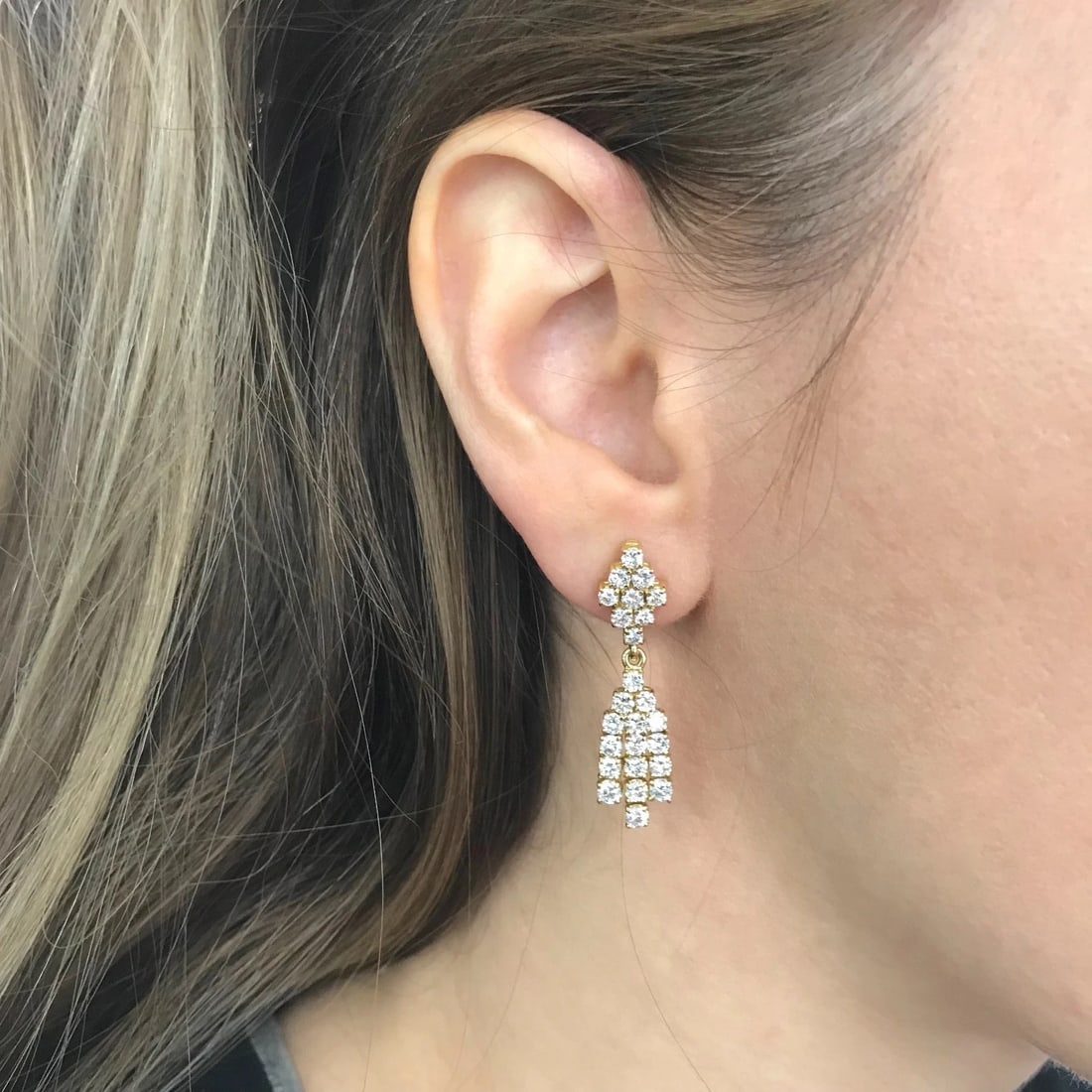 Diamond Chandelier Dangle Drop Earrings 18K Yellow Gold, 3.02 CTW, 10.06 Grams - 7