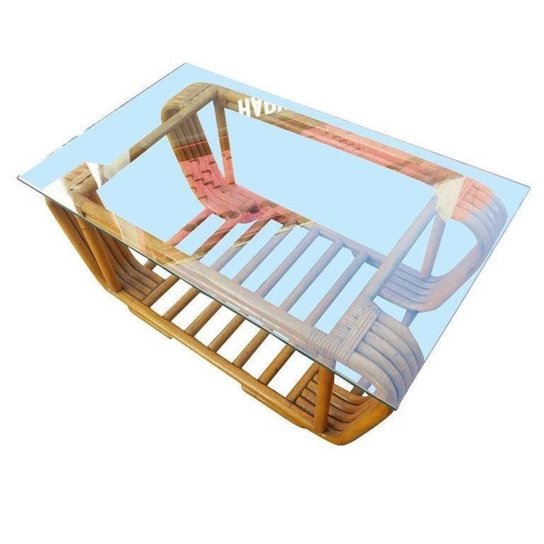 Restored Five Strand Rattan Coffee Table with Floating Glass Top - 5