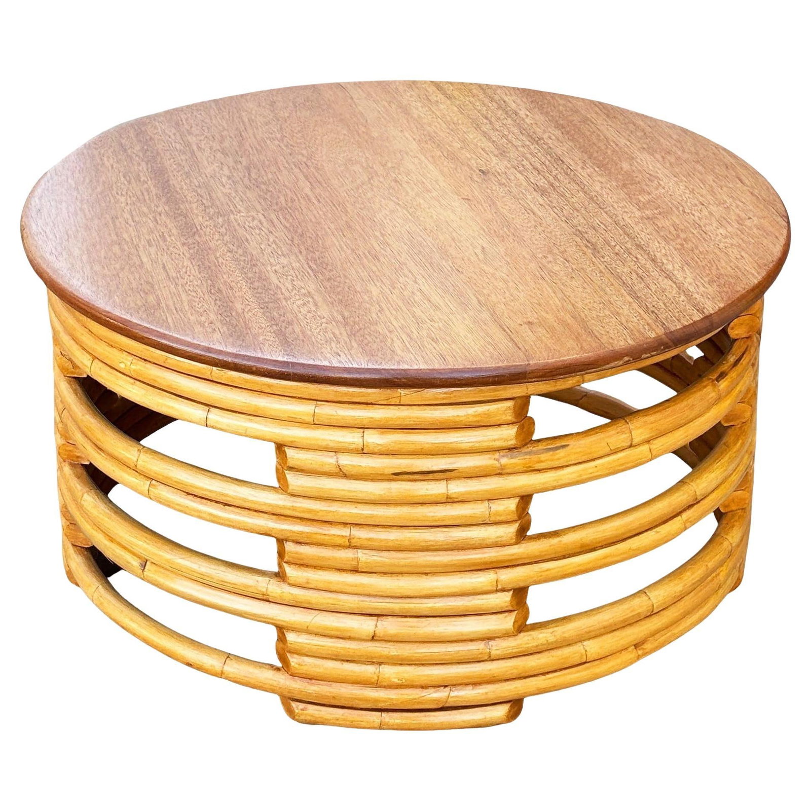 Restored Mid-century Round Architectural Rattan Coffee Table With Mahogany Top - 2