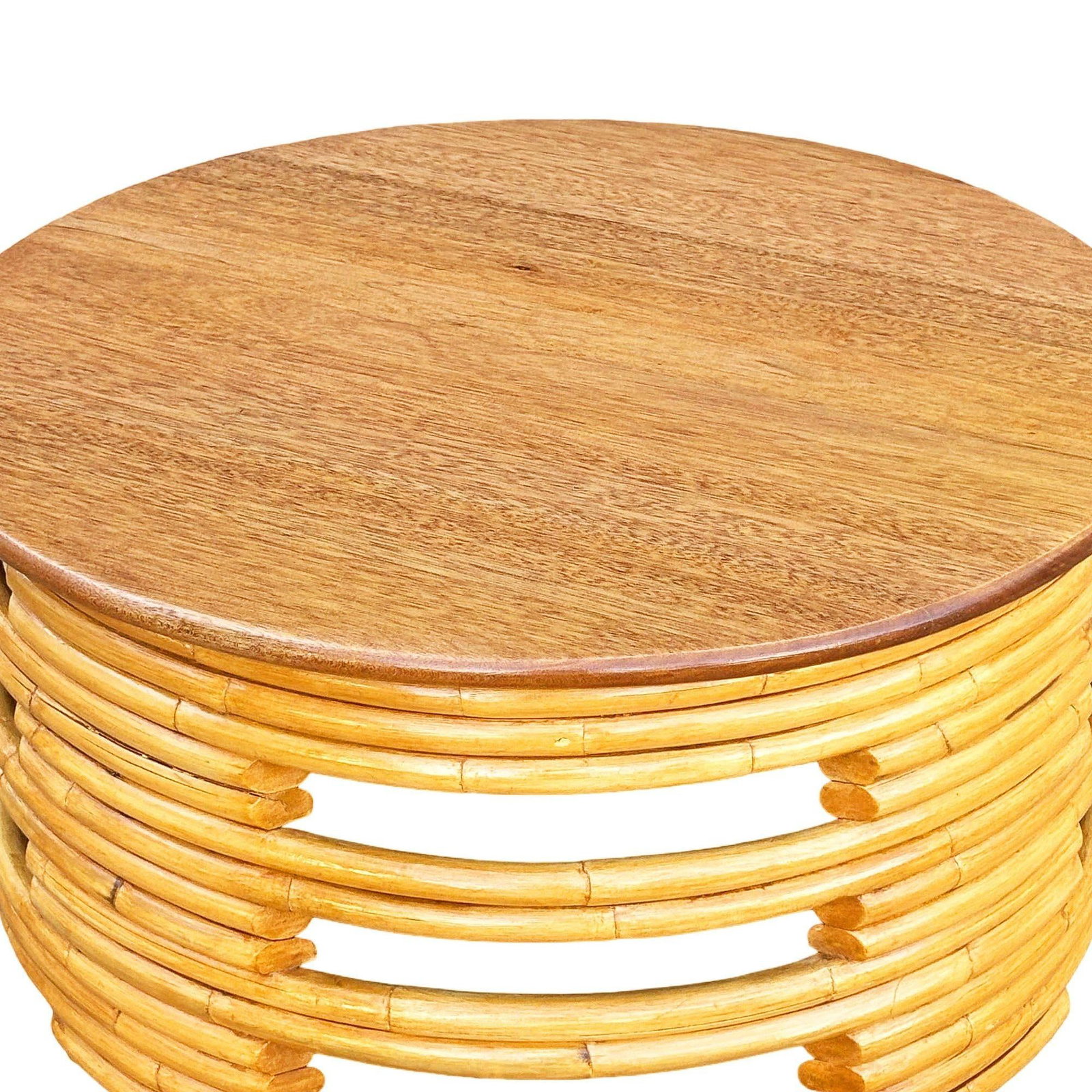 Restored Mid-century Round Architectural Rattan Coffee Table With Mahogany Top - 3