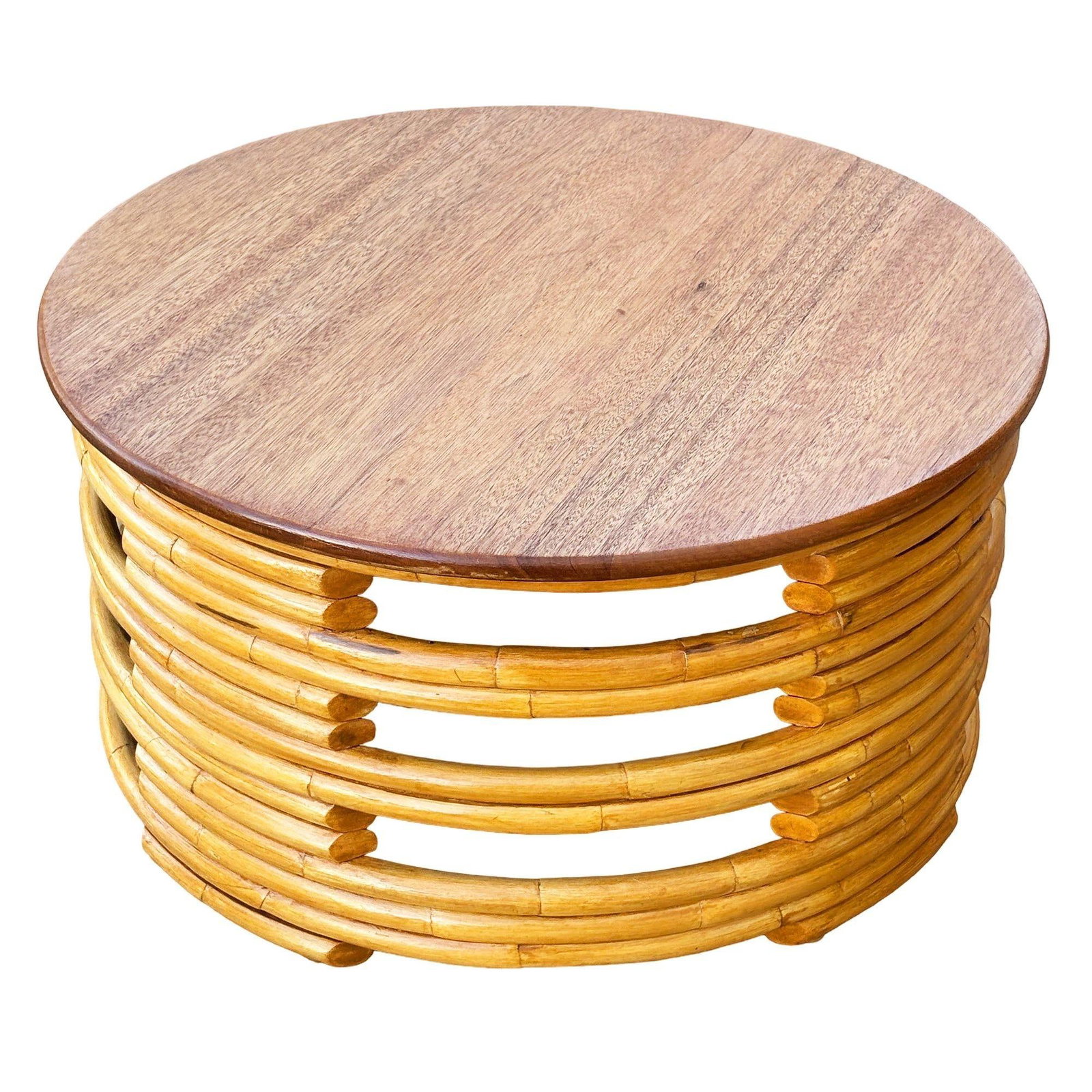 Restored Mid-century Round Architectural Rattan Coffee Table With Mahogany Top - 4