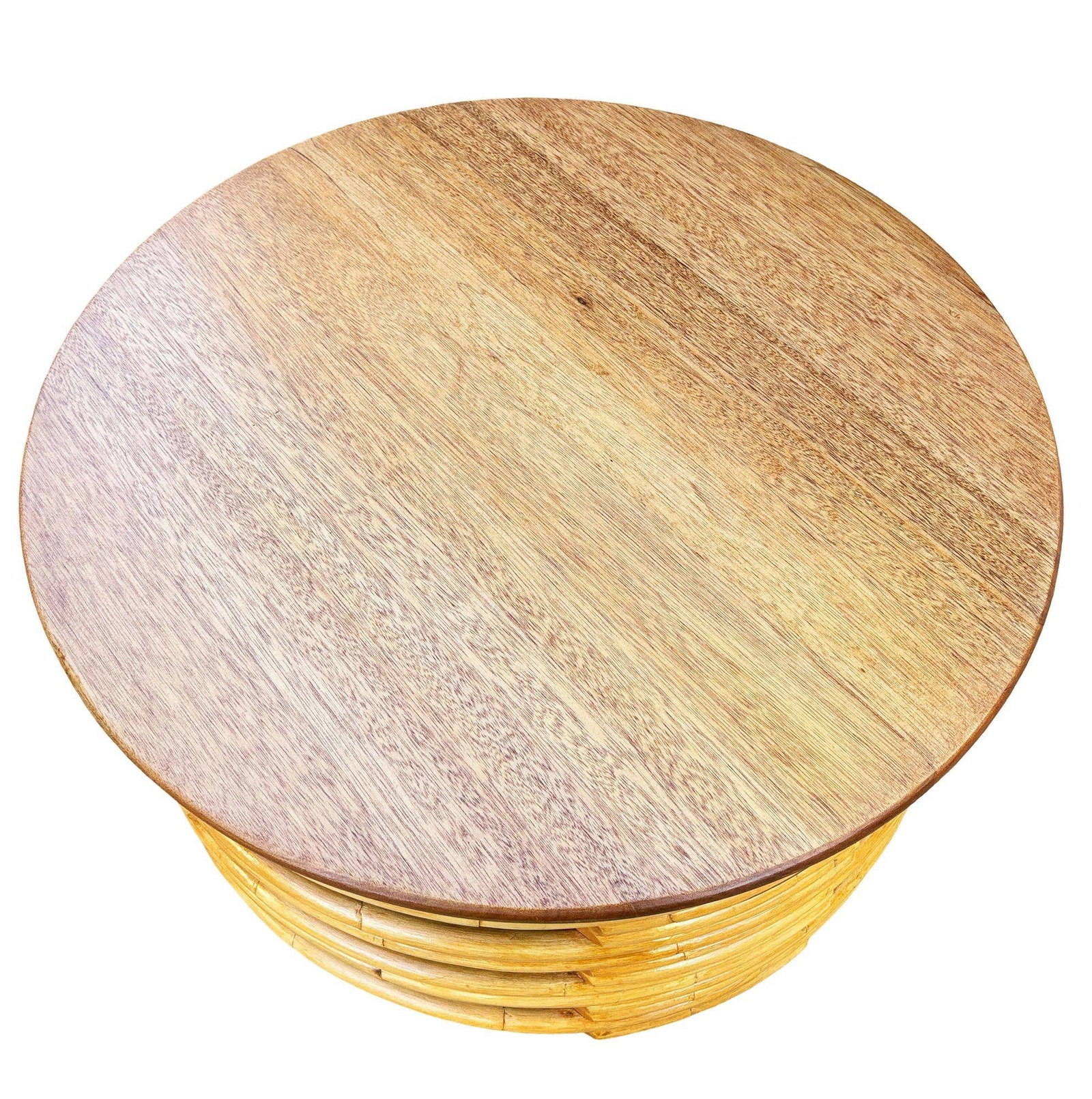 Restored Mid-century Round Architectural Rattan Coffee Table With Mahogany Top - 5