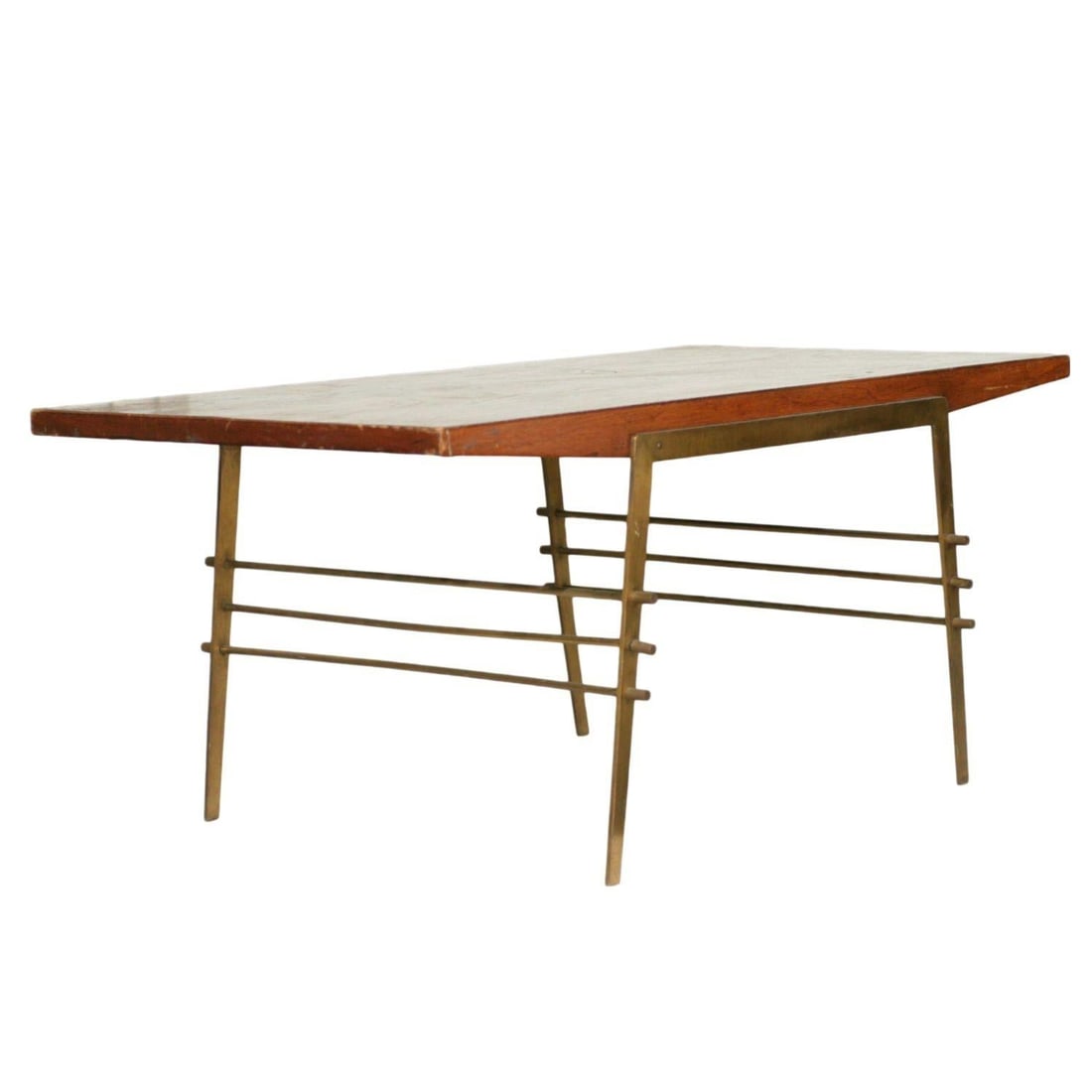 Midcentury Oak Coffee Table with Brass Architectural Base - 4