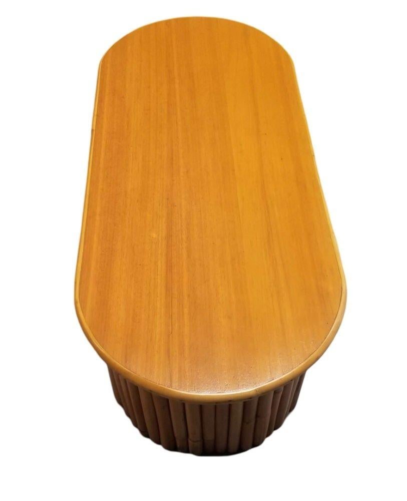 Restored Mahogany Coffee Table w/ Vertical Stacked Rattan Half Moon Pedestal Leg - 4