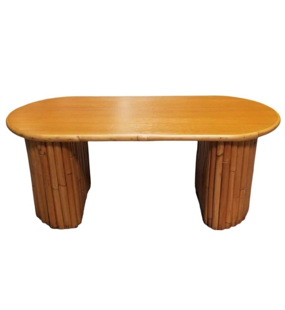 Restored Mahogany Coffee Table w/ Vertical Stacked Rattan Half Moon Pedestal Leg - 5